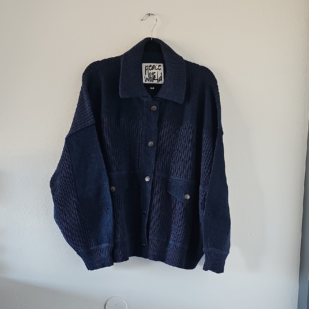 ●●PEACE LOVE WORLD DENIM BLUE KNIT CARDIGAN W DENIM PATCHES 2X NWOT●●